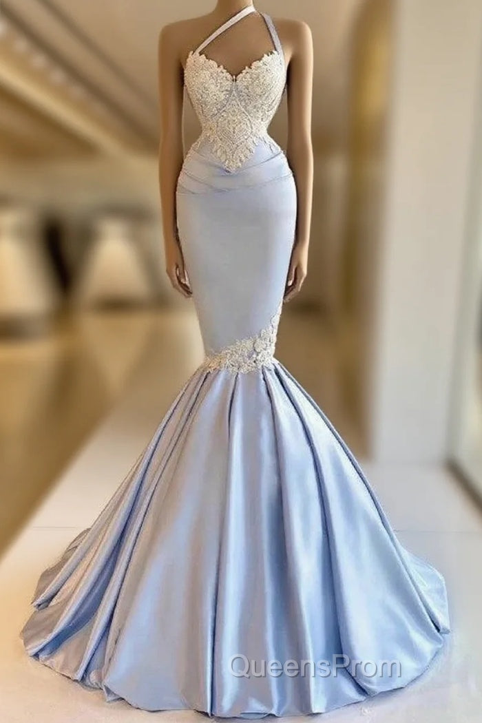 Mermaid One Shoulder Satin Beaded Long Evening Prom Dress Sequin Appliqu Evening Dress Main image
