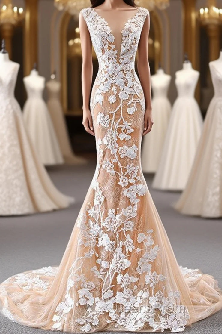 Mermaid Open Back Champagne Lace Long Evening Prom Dress, Champagne Lace Formal Dress, Champagne Evening Dress Main image