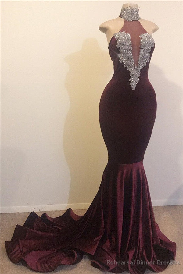 Mermaid Open Back Chic High Neck Silver Beads Appliques Prom Party Gowns Main image