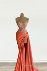 Mermaid Peach Evening Prom Dress Appliques With Slit