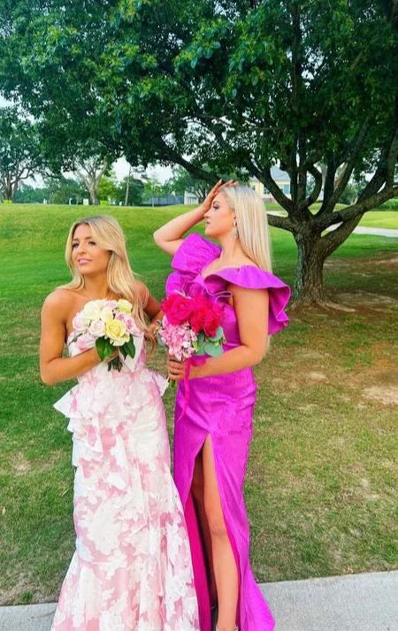 Pink Fashion Elegant Off-Shoulder Printed Floral Mermaid Slim Fit Long Ruffled Ball Gown Classy Evening Dress Classy Party Dress