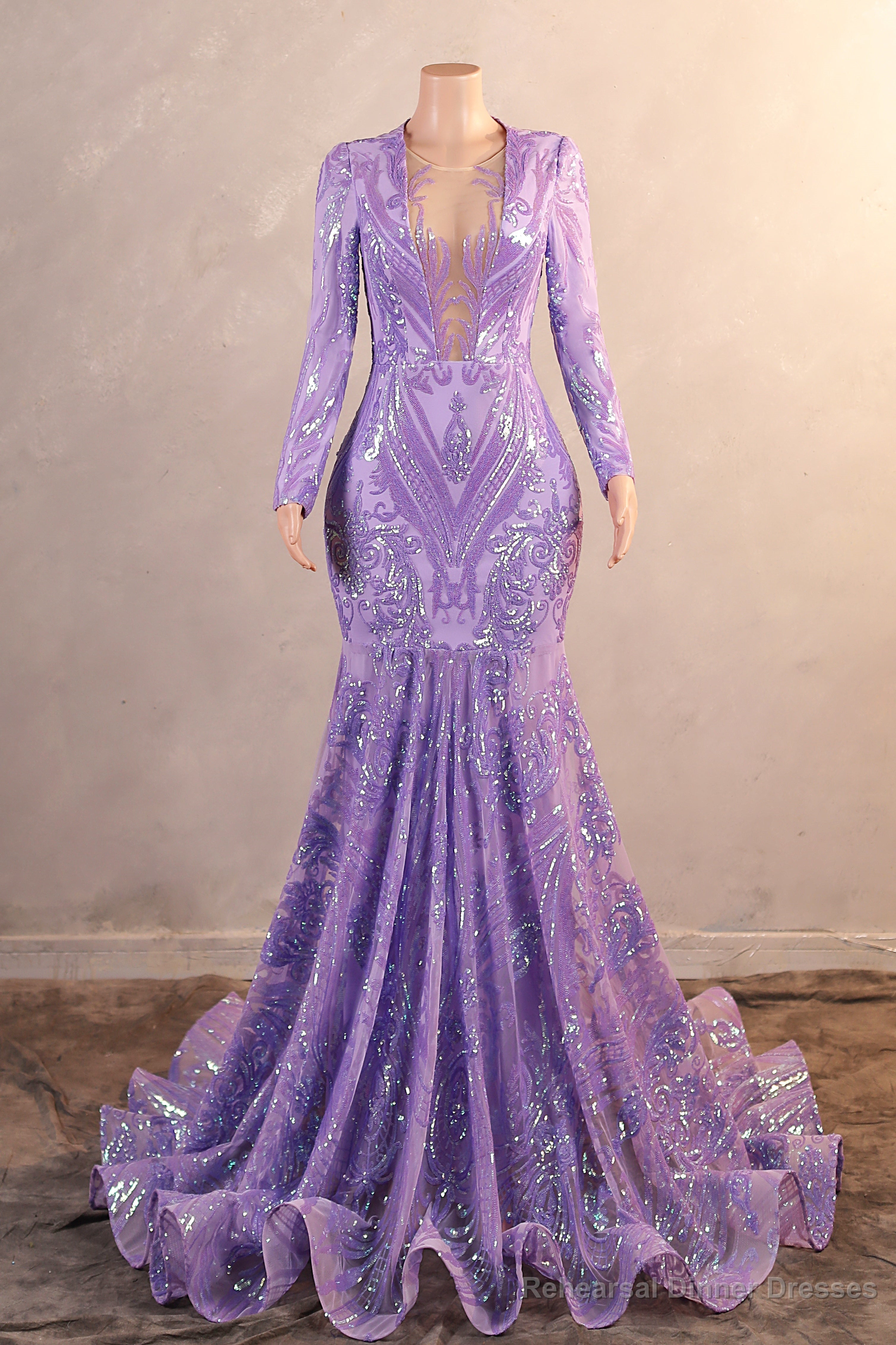 Mermaid Prom Dresses High Neck Long Sleeve Purple Sparkly Sequin Mermaid Long Evening Dresses Main image