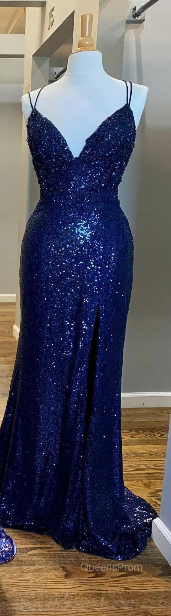 Mermaid Purple Sequins Long Evening Prom Dress with Slit,Navy Blue Evening Party Gowns