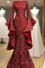 Mermaid Red Long Evening Prom Dress, Sequin Formal Dress
