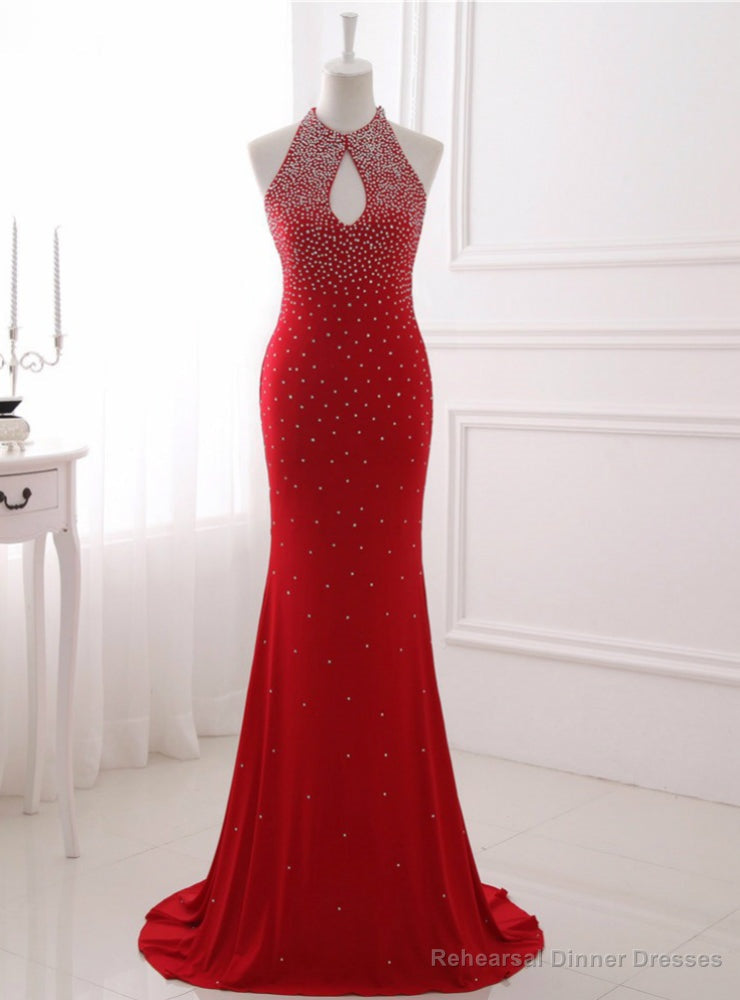 Mermaid Red Long Prom Dress Sparky White Beading Sexy Party Gown Main image