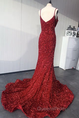Mermaid Red Spaghetti Straps Velvet Sequin Evening Prom Dress