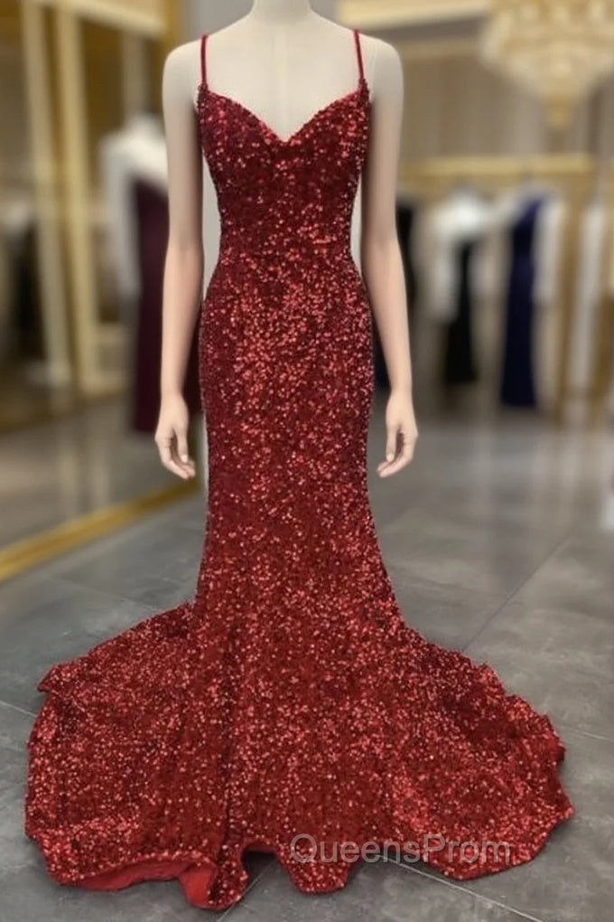 Mermaid Red Spaghetti Straps Velvet Sequin Evening Prom Dress Main image