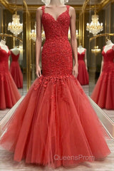 Mermaid Red Tulle Lace Long Evening Prom Dress, Mermaid Red Formal Dress, Red Lace Evening Dress