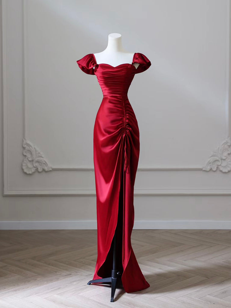 Mermaid Satin Burgundy Long Classy Prom Dress, Mermaid Burgundy Long Classy Dress