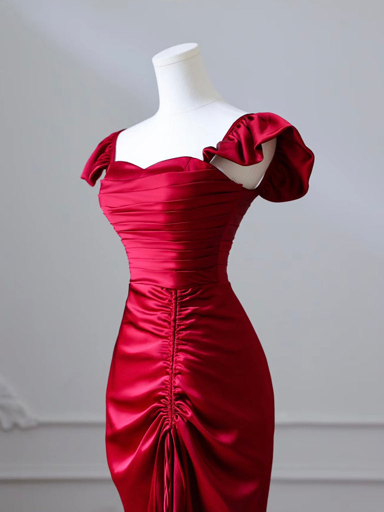 Mermaid Satin Burgundy Long Classy Prom Dress, Mermaid Burgundy Long Classy Dress