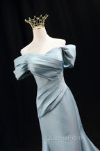 Mermaid Satin Floor Length Evening Prom Dress, Blue Off The Shoulder Evening Party Dress