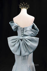 Mermaid Satin Floor Length Evening Prom Dress, Blue Off The Shoulder Evening Party Dress
