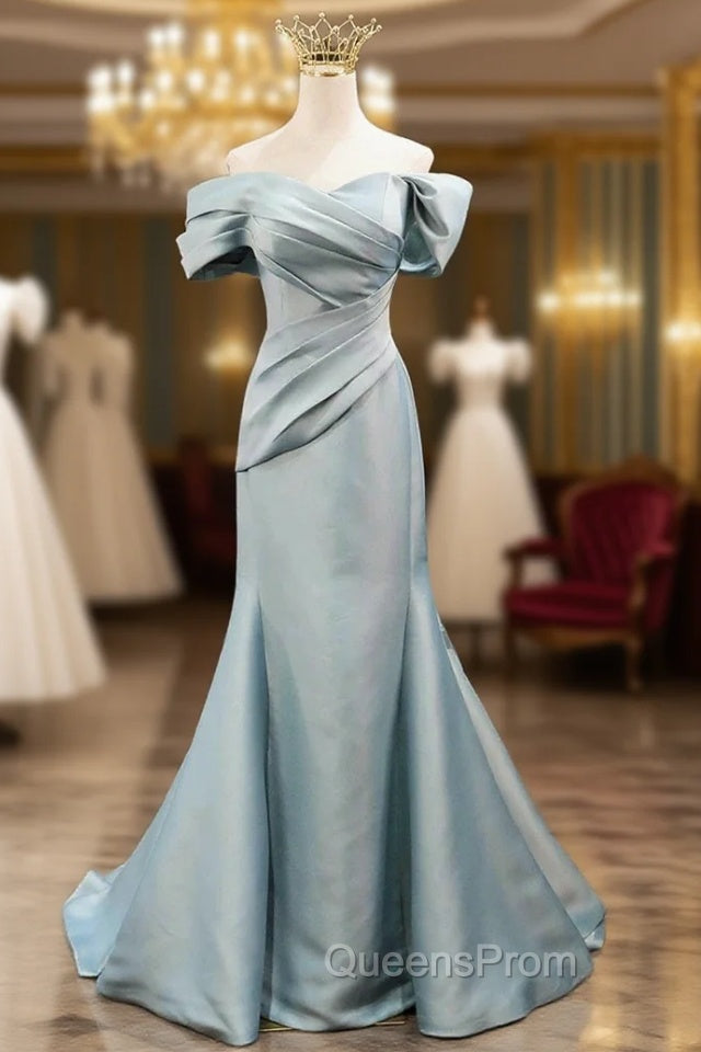 Mermaid Satin Floor Length Evening Prom Dress, Blue Off The Shoulder Evening Party Dress