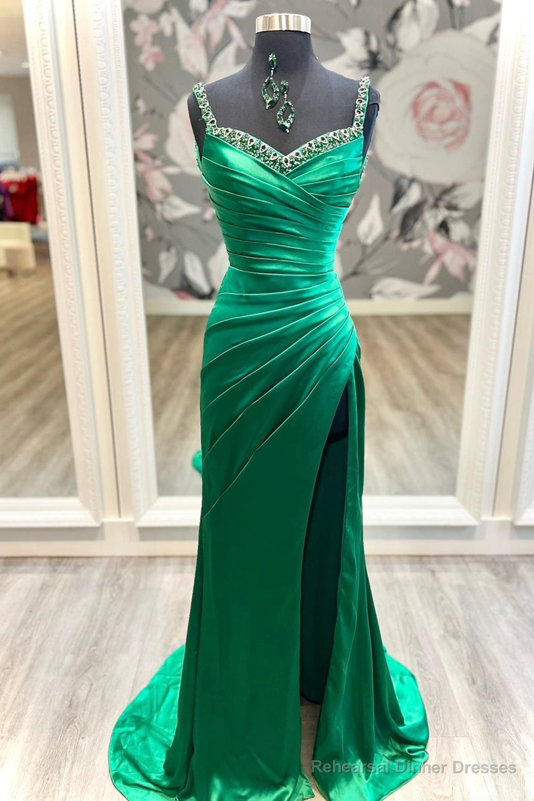 Mermaid Satin Long Prom Dress, Green Satin Evening Dress with Beaded Main image