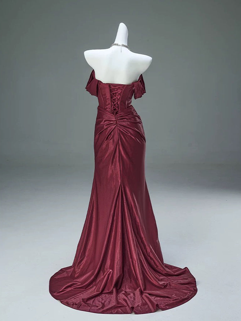 Mermaid Satin Off Shoulder Sweep Train Burgundy Classy Prom Dress Secondary image