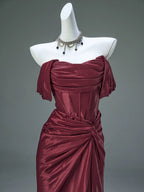 Mermaid Satin Off Shoulder Sweep Train Burgundy Classy Prom Dress