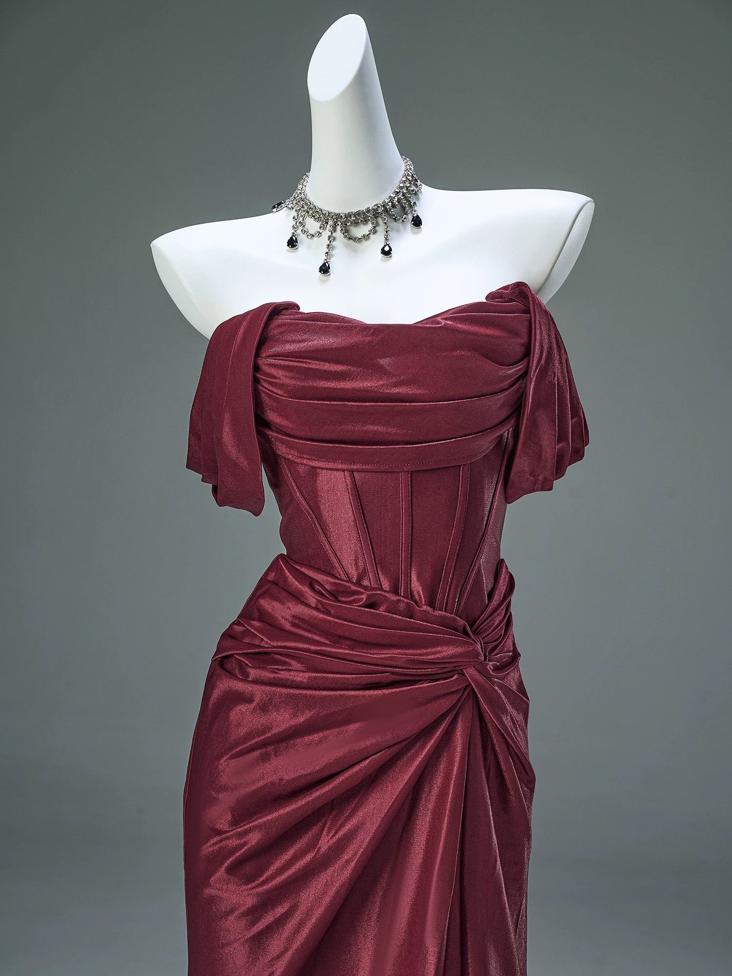 Mermaid Satin Off Shoulder Sweep Train Burgundy Classy Prom Dress