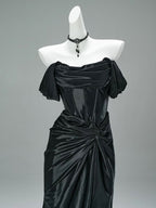 Mermaid Satin Off Shoulder Sweep Train Burgundy Classy Prom Dress