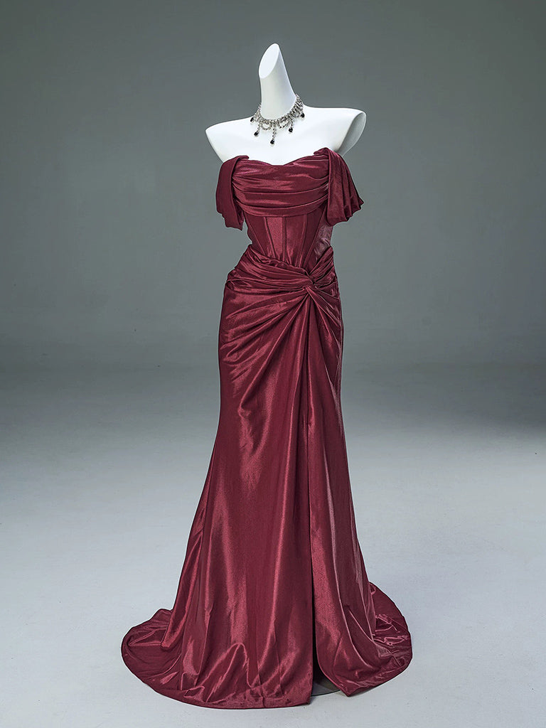 Mermaid Satin Off Shoulder Sweep Train Burgundy Classy Prom Dress