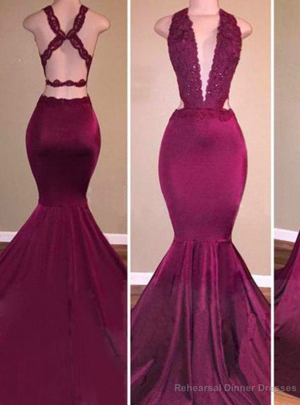 Mermaid Satin V-neck Sleeveless With Applique Prom Dresses Main image
