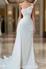Mermaid Satin Wedding Dress Long Strapless Dress With Pearls
