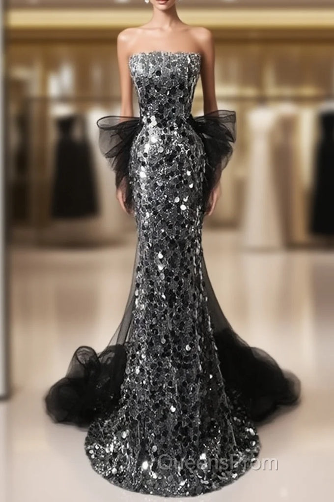 Mermaid Sequin Tulle Black Long Evening Prom Dress, Black Long Formal Dress Main image