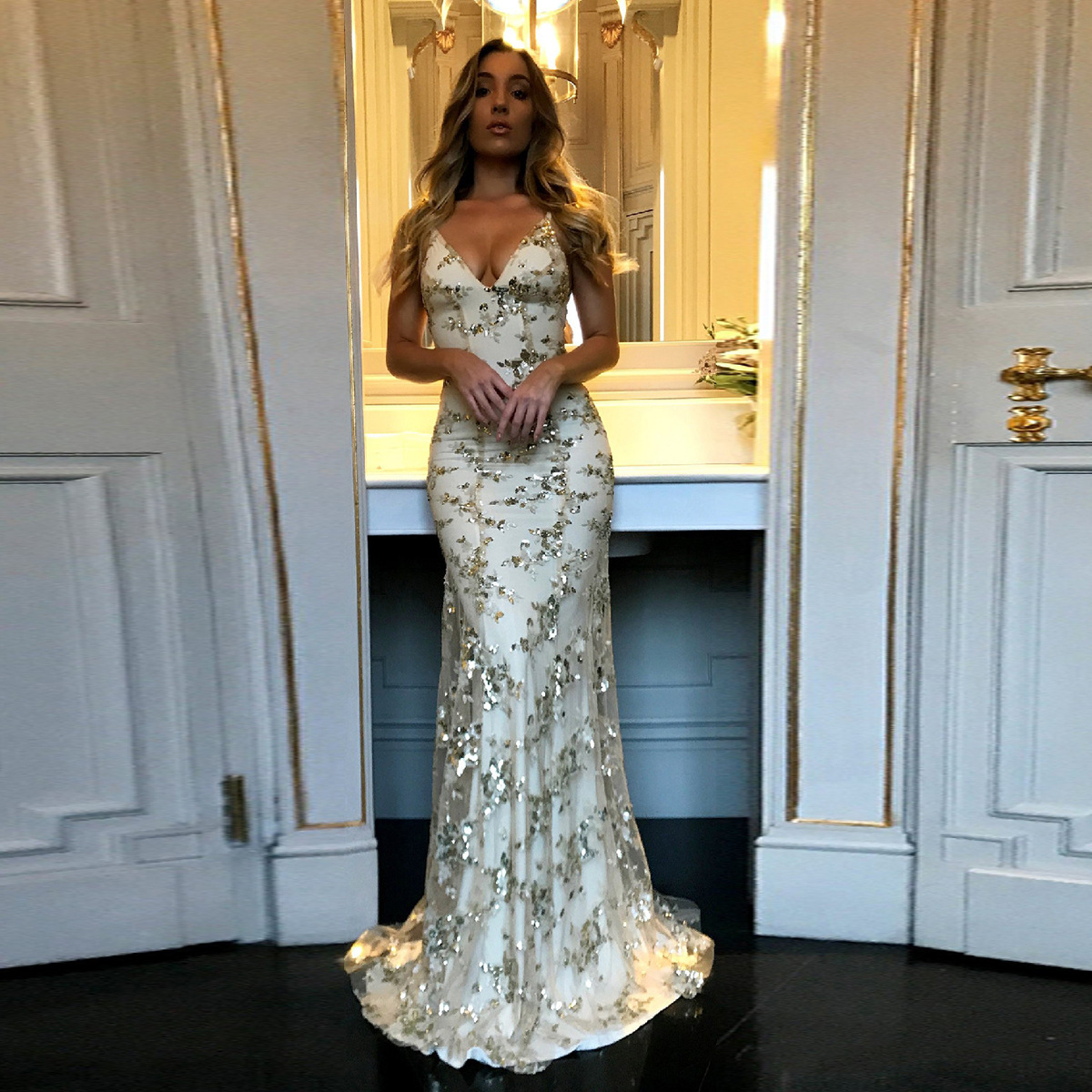 Sexy Mermaid Gold Sequin Tulle Long Backless Classy Prom Dress Classy Evening Dress