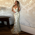 Sexy Mermaid Gold Sequin Tulle Long Backless Classy Prom Dress Classy Evening Dress