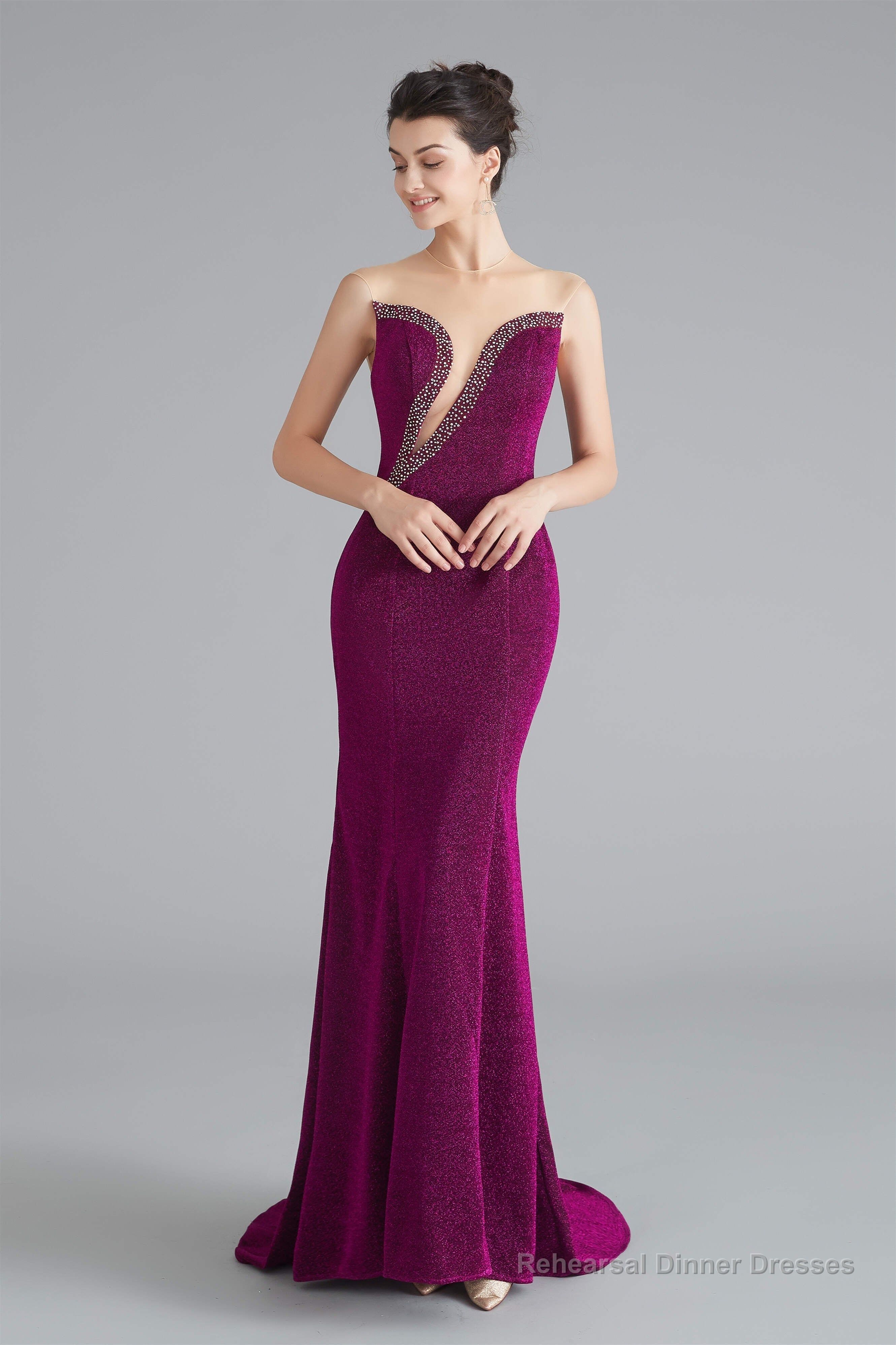 Mermaid Sheer Neck Beaded Sequins Satin Prom Dresses Secondary image