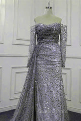 Mermaid Silver Sequin Beaded Off Shoulder Dress