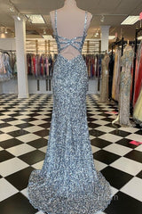 Mermaid Silver Sequin Evening Prom Dress V-Neck Long Formal Gown Slit