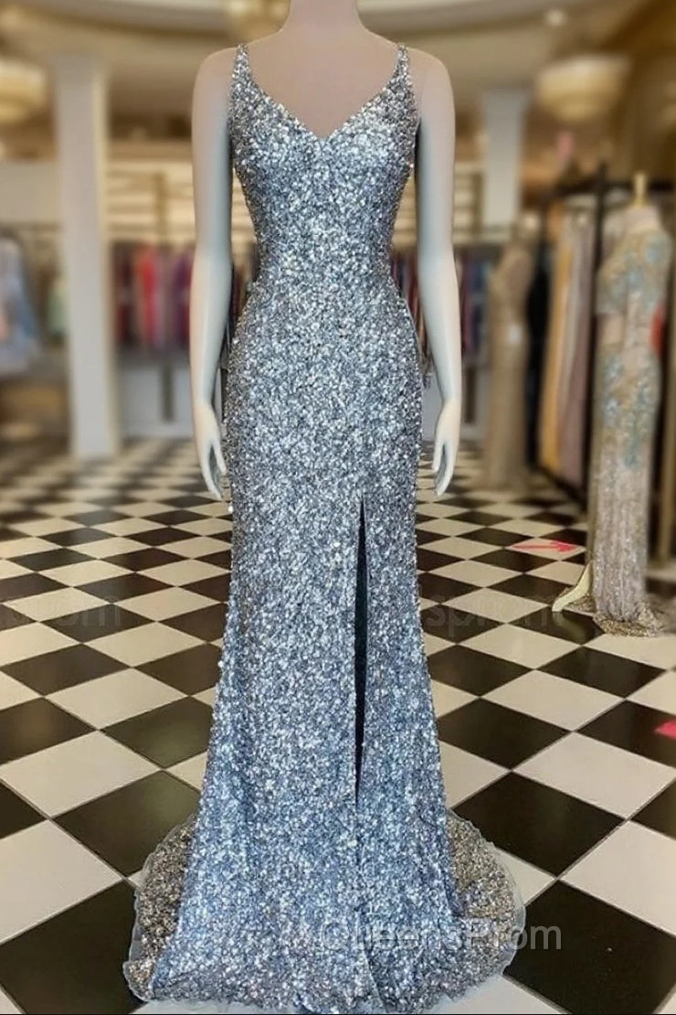 Mermaid Silver Sequin Evening Prom Dress V-Neck Long Formal Gown Slit Main image
