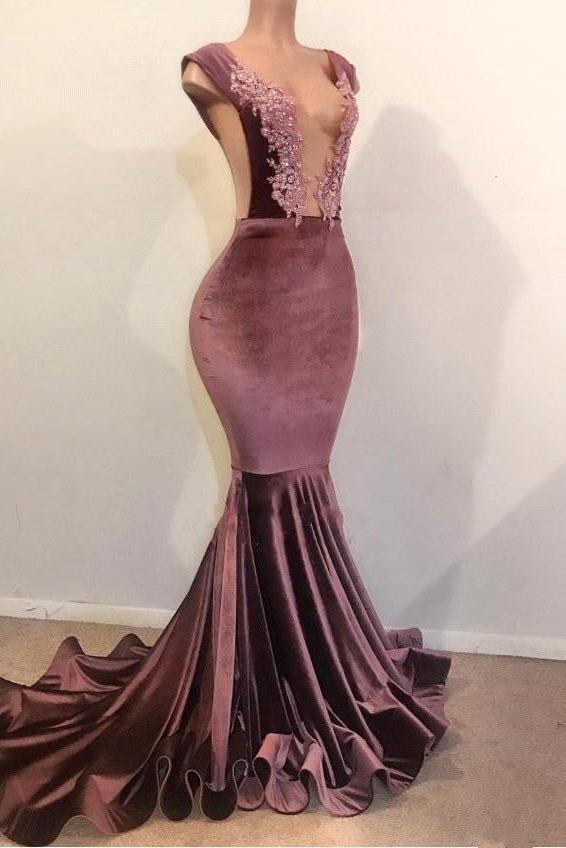 Mermaid Sleeveless Floor Length Appliques Velvet Prom Dresses Secondary image