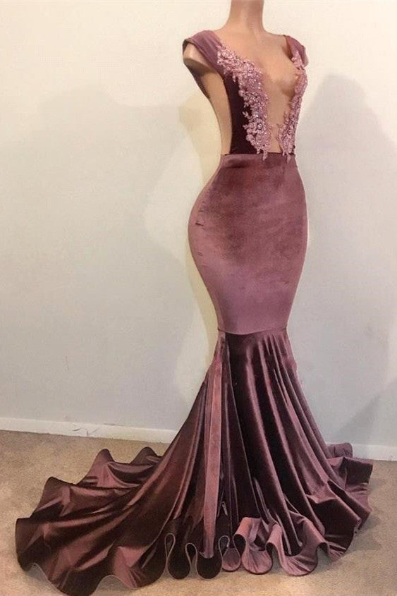 Mermaid Sleeveless Floor Length Appliques Velvet Prom Dresses Main image