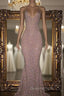 Mermaid Sleeveless Long Rose Pink Sequin Evening Prom Dress
