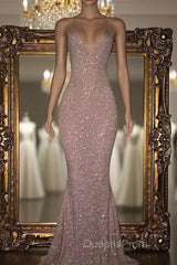Mermaid Sleeveless Long Rose Pink Sequin Evening Prom Dress