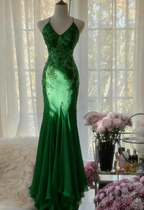 Mermaid Spaghetti Strap Chiffon Applique Long Classy Prom Dress Temperament Party Dress