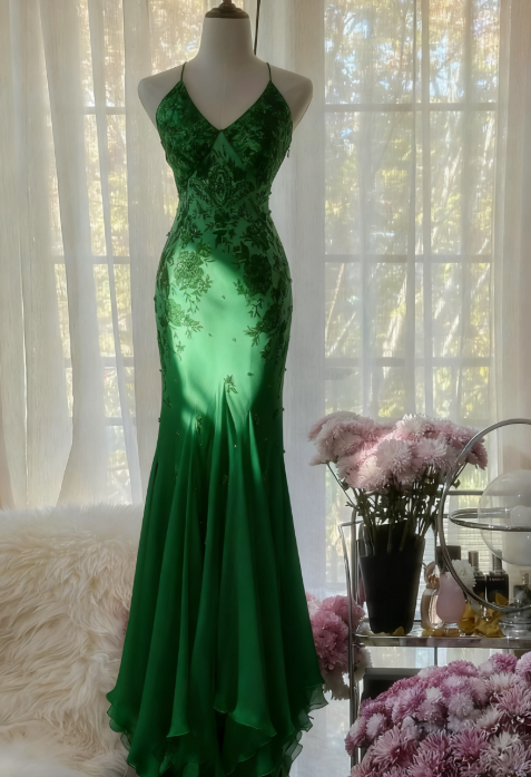 Mermaid Spaghetti Strap Chiffon Applique Long Classy Prom Dress Temperament Party Dress
