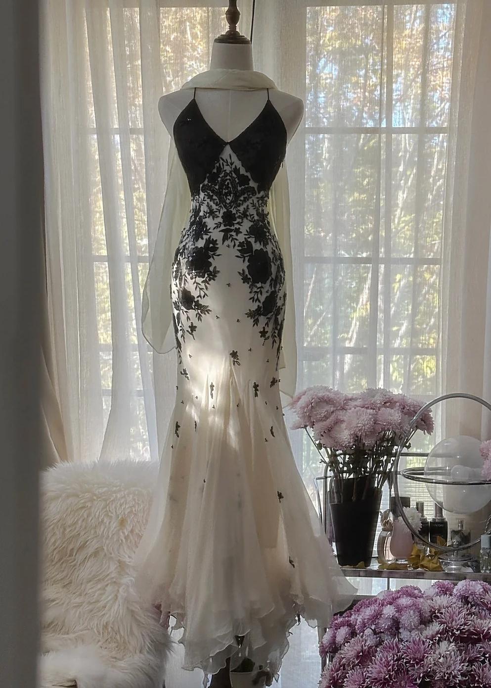 Mermaid Spaghetti Strap Chiffon Applique Long Classy Prom Dress Temperament Party Dress