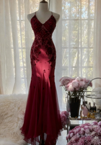 Mermaid Spaghetti Strap Chiffon Applique Long Classy Prom Dress Temperament Party Dress