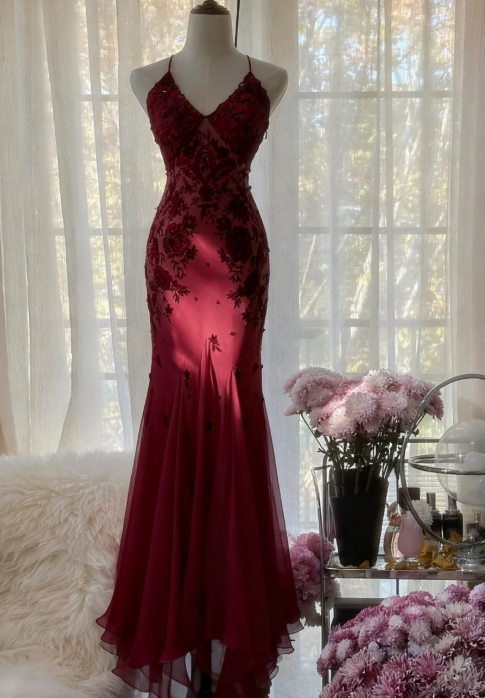 Mermaid Spaghetti Strap Chiffon Applique Long Classy Prom Dress Temperament Party Dress