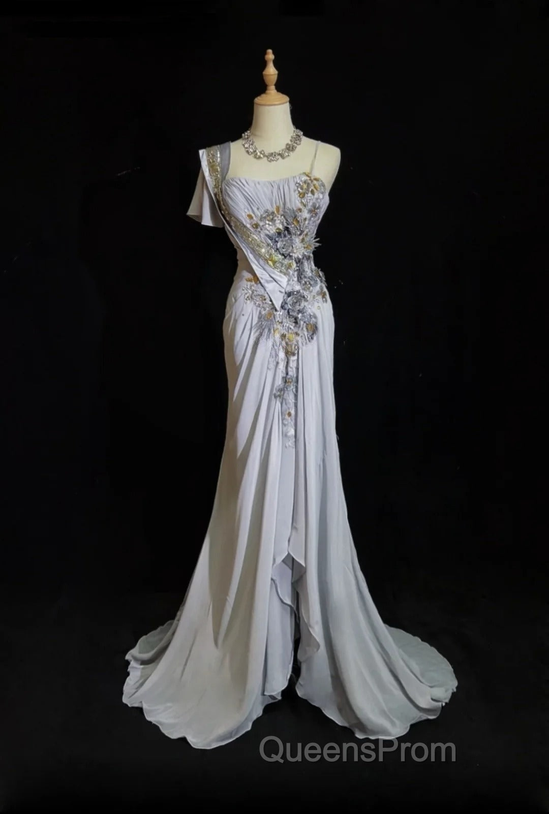 Mermaid Spaghetti Strap Chiffon Beaded Sequin Long Evening Prom Dress Embroidered Applique Evening Gown