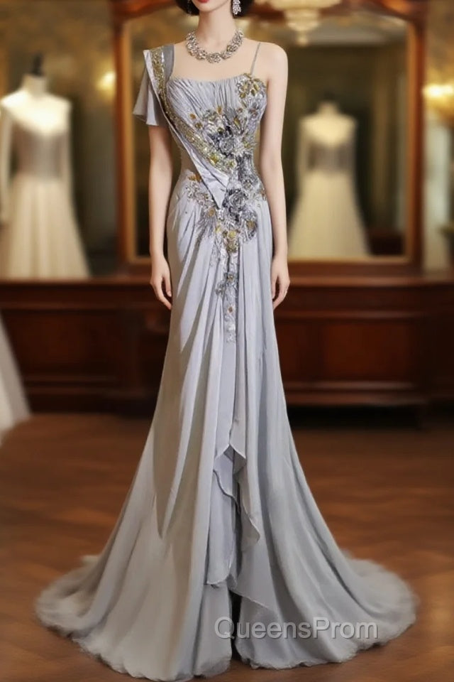 Mermaid Spaghetti Strap Chiffon Beaded Sequin Long Evening Prom Dress Embroidered Applique Evening Gown Main image