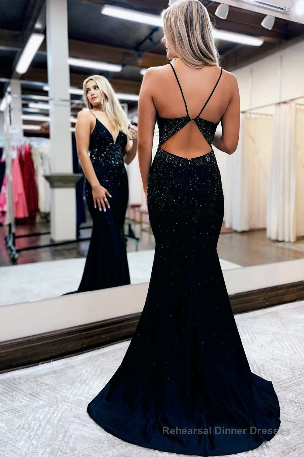 Mermaid Spaghetti Straps Beaded Satin Prom Dress Secondary image
