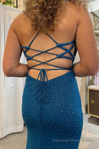 Mermaid Spaghetti Straps Blue Long Prom Dress with Beading