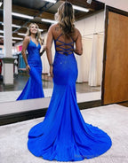 Mermaid Spaghetti Straps Corset Back Satin Prom Dress