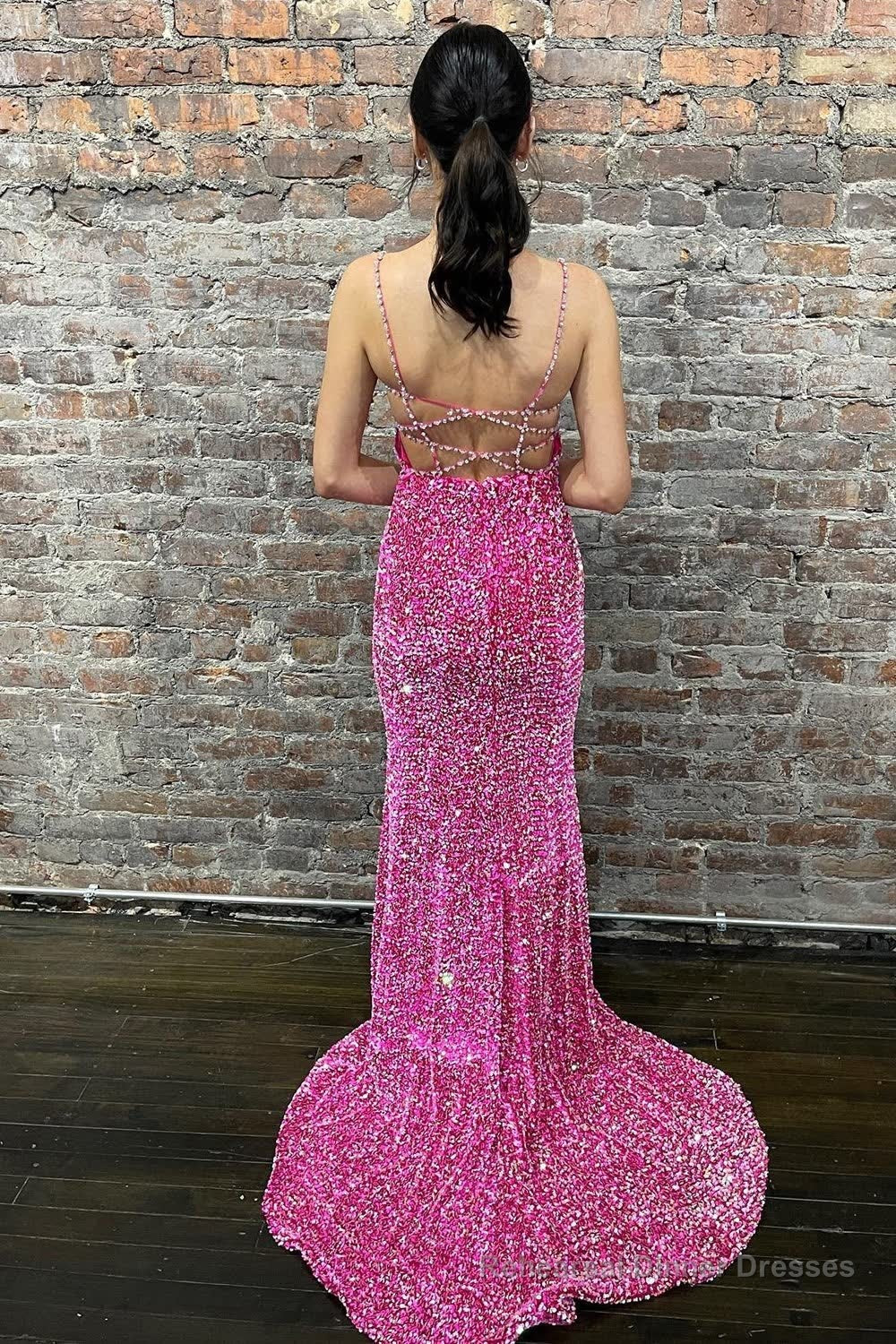 Mermaid Spaghetti Straps Hot Pink Backless Long Prom Dress Secondary image