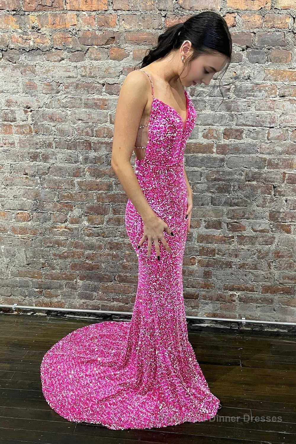 Mermaid Spaghetti Straps Hot Pink Backless Long Prom Dress