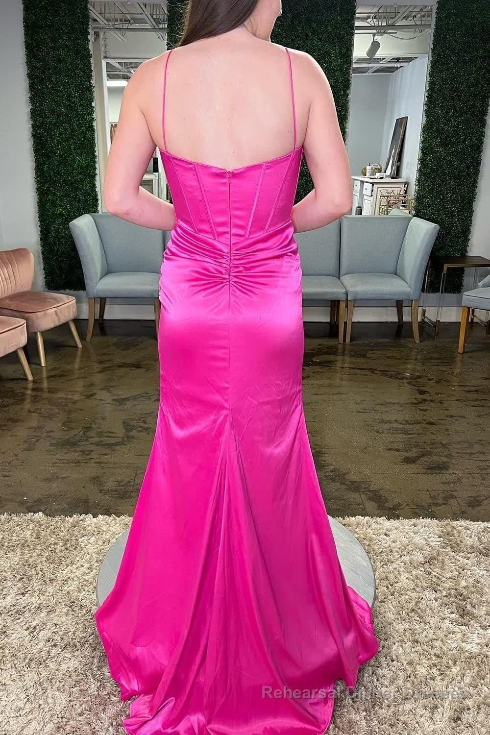 Mermaid Spaghetti Straps Hot Pink Corset Long Prom Dress with Tassel Secondary image