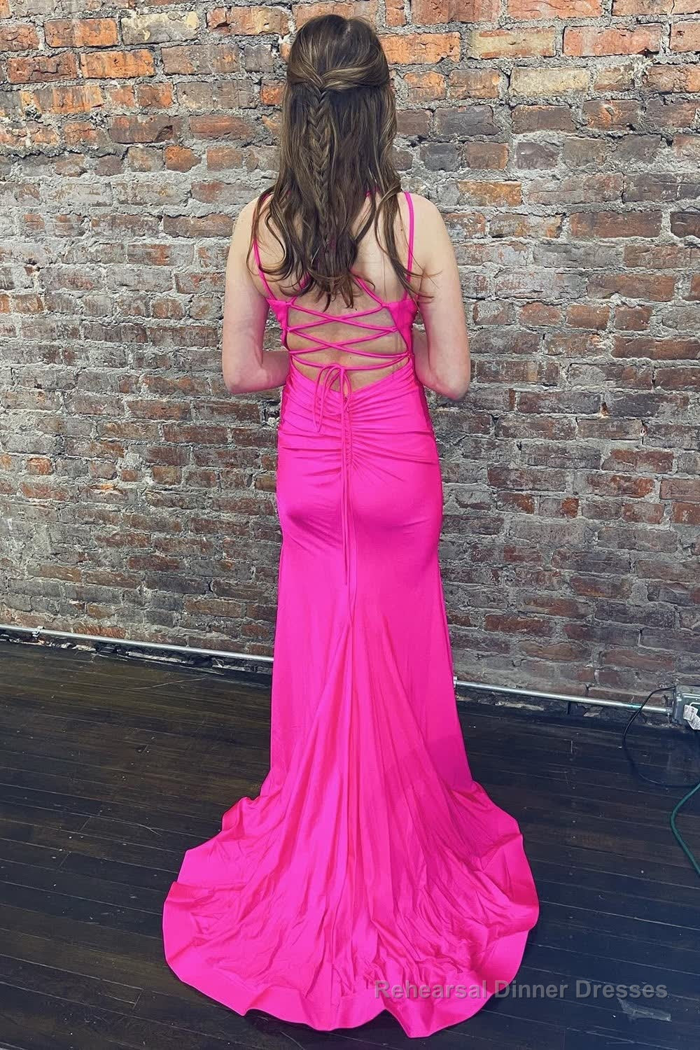 Mermaid Spaghetti Straps Hot Pink Long Prom Dress with Silt Secondary image